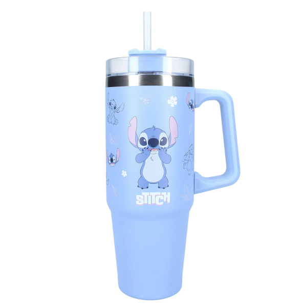 Hellblauer Lilo & Stitch Trinkbecher mit Henkel und Strohhalm – Stitch mit erhobenen Armen als Frontmotiv